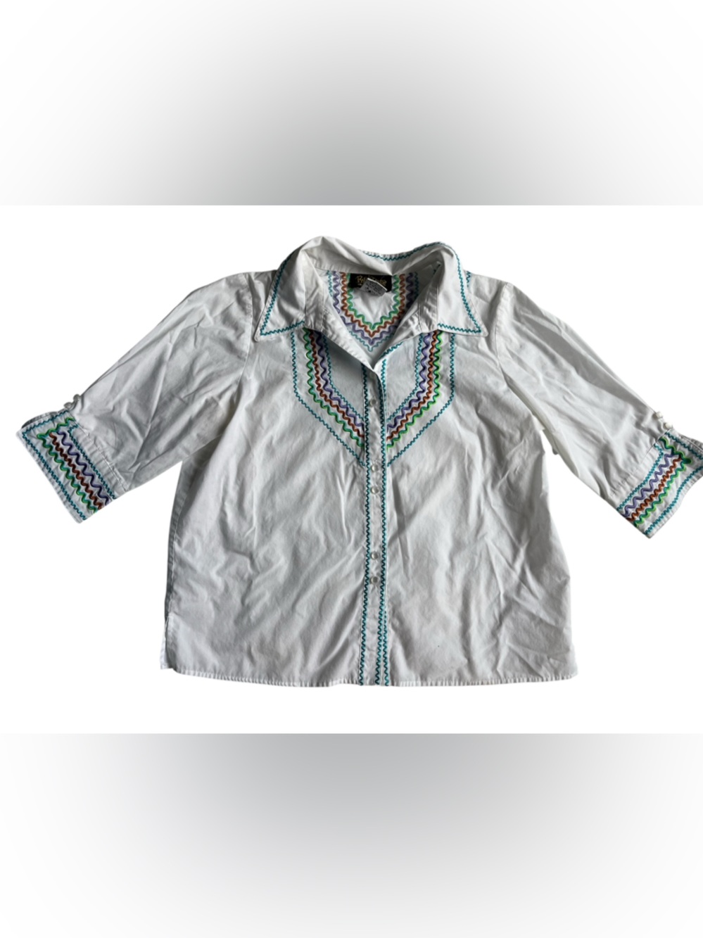 Bob Mackie wearable art Blouse with Multicolor Zigzag Embroidery